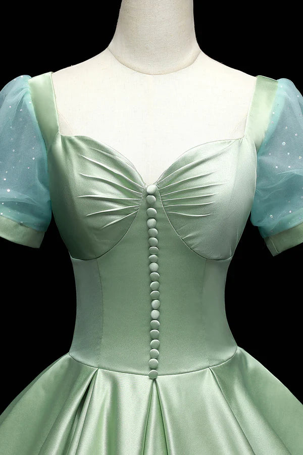 Wholesale Green Satin Long A-Line Ball Gown Short Sleeve Green Formal Evening Dress