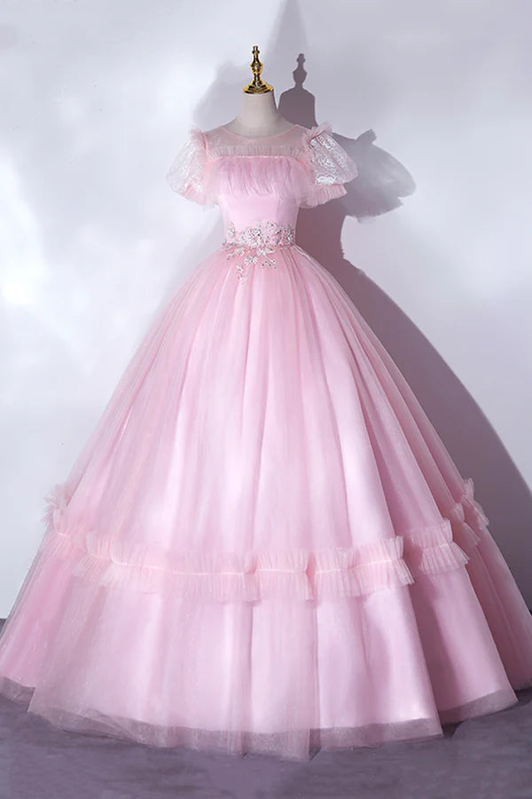 Wholesale Pink Tulle Lace Long Prom Dress Lovely A-Line Short Sleeve Evening Dress