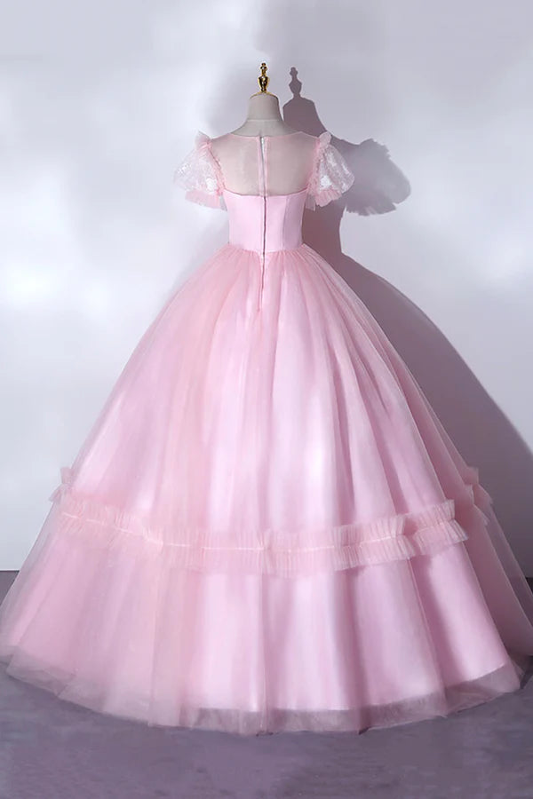 Wholesale Pink Tulle Lace Long Prom Dress Lovely A-Line Short Sleeve Evening Dress