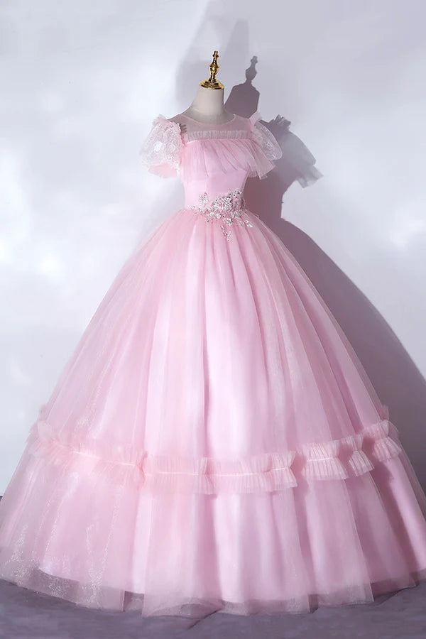 Wholesale Pink Tulle Lace Long Prom Dress Lovely A-Line Short Sleeve Evening Dress