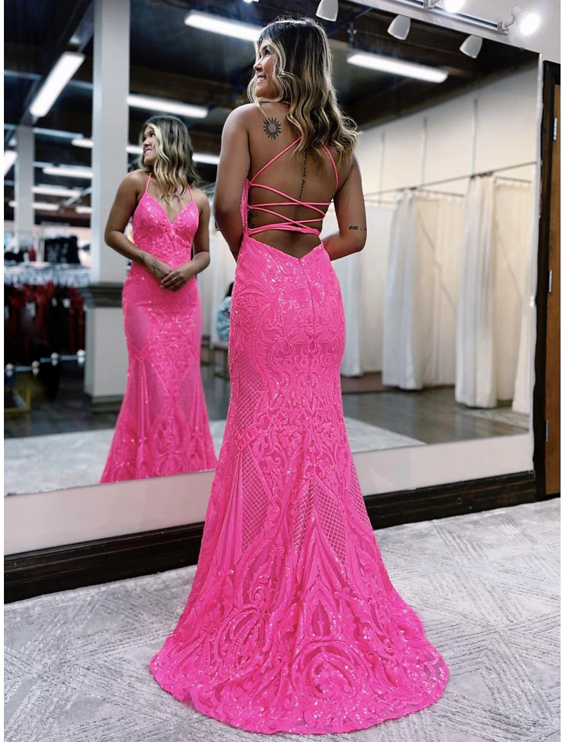 Wholesale  Mermaid / Trumpet Prom Dresses Sparkle & Shine Dress Formal Wedding Party Sweep / Brush Train Sleeveless V Neck Sequined Backless with Glitter Sequin