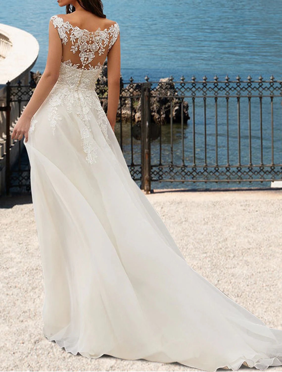 Wholesale Beach Open Back Wedding Dresses A-Line V Neck Sleeveless Court Train Lace Bridal Gowns With Appliques