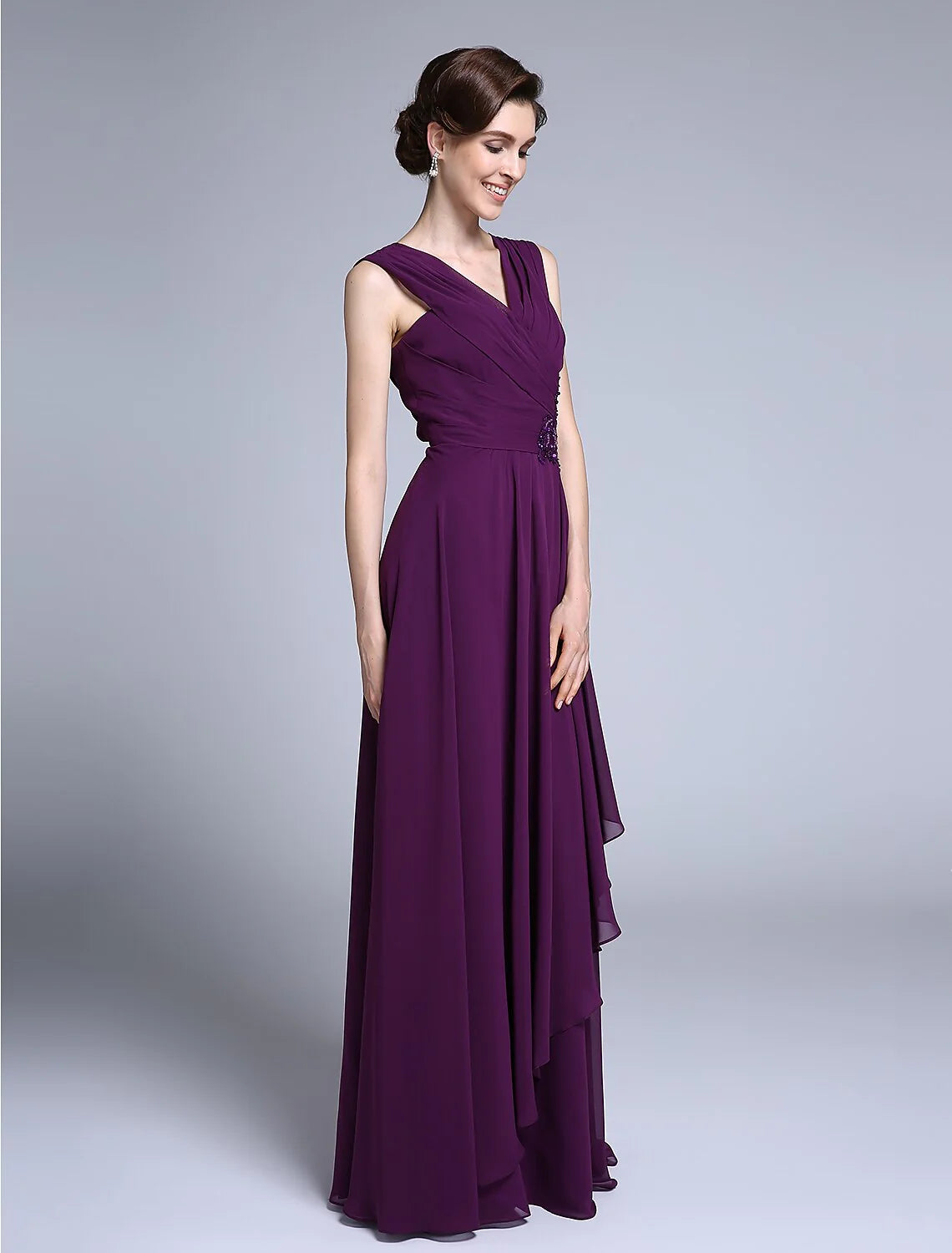 Wholesale Sheath / Column Mother of the Bride Dress Elegant V Neck Floor Length Chiffon Sleeveless No with Criss Cross Sequin