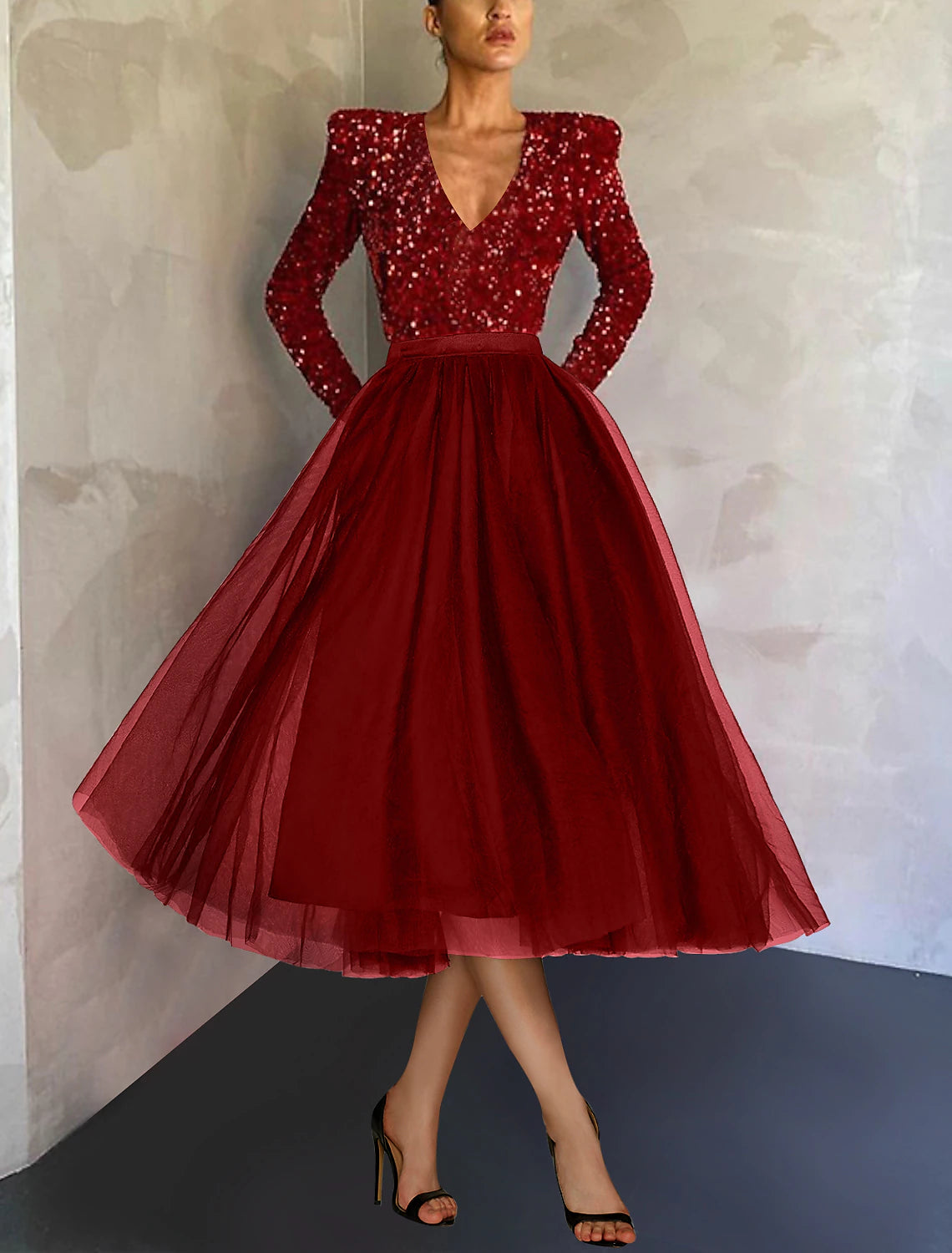 Wholesale Ball Gown A-Line Cocktail Dress Christmas Red Green Dresses Vintage Dress Evening Party Cocktail Party Tea Length Long Sleeve Jewel Neck Fall Wedding Guest Tulle with Sequin