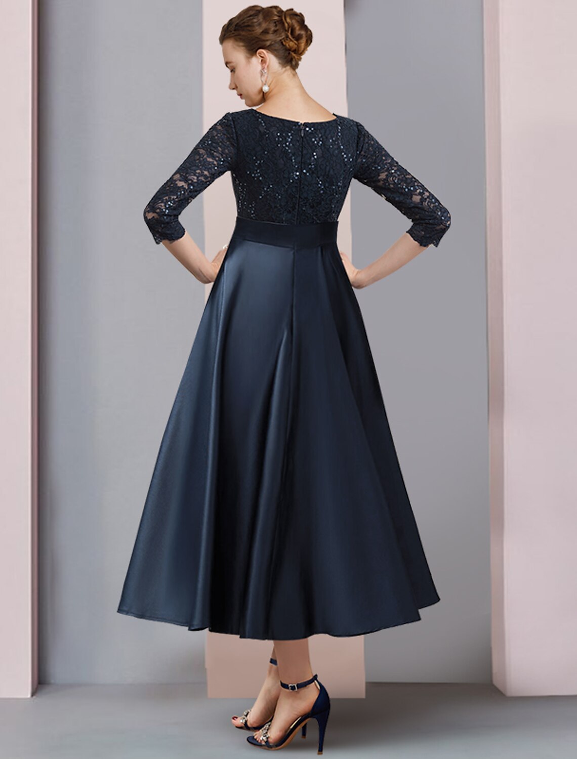 Wholesale  A-Line Mother of the Bride Dress Wedding Guest Vintage Elegant V Neck Tea Length Satin Lace 3/4 Length Sleeve with Bow(s) Pleats Sequin