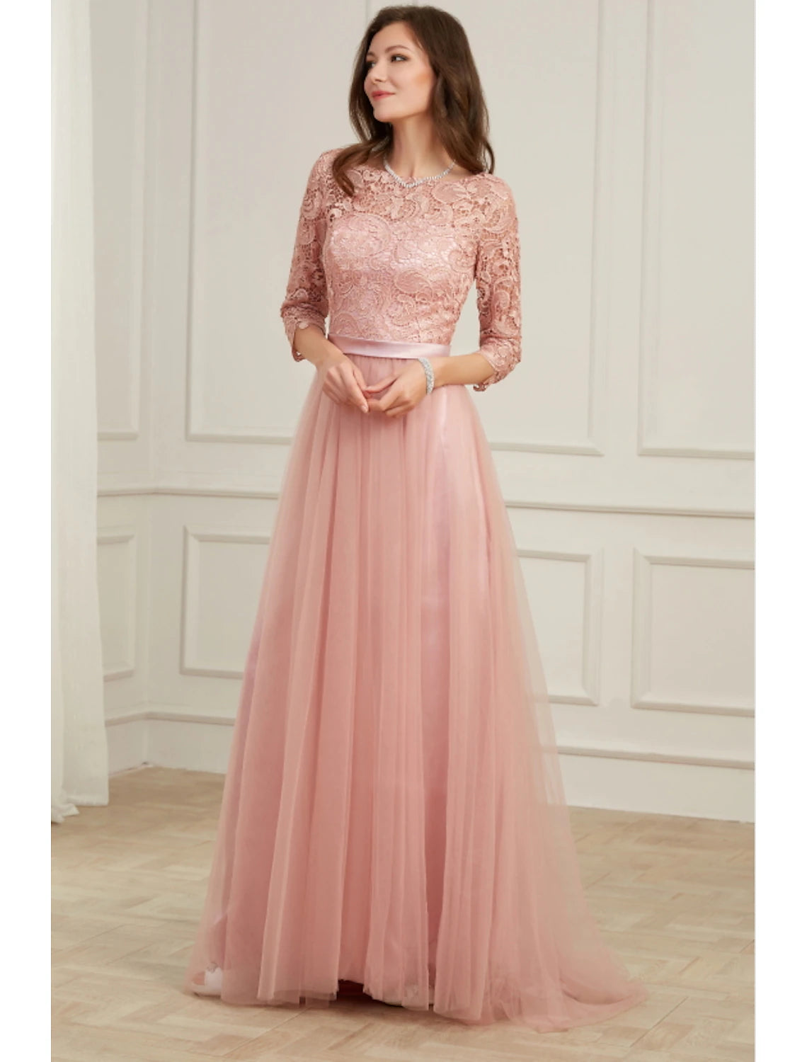 Wholesale A-Line Evening Gown Spring Dress Party Wear Formal Evening Sweep / Brush Train Long Sleeve Jewel Neck Lace with Appliques