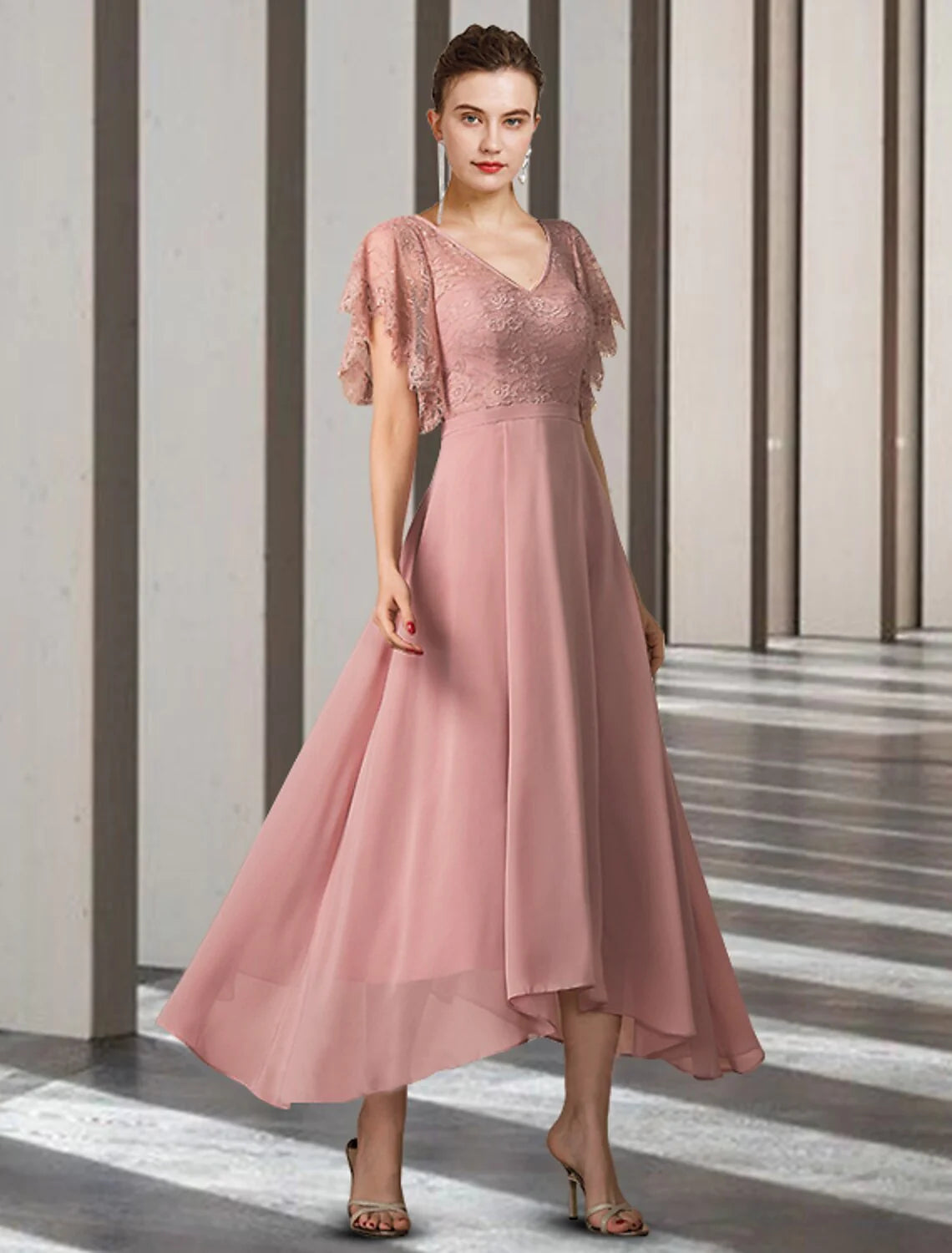 Wholesale A-Line Mother of the Bride Dress Elegant High Low V Neck Asymmetrical Tea Length Chiffon Lace Short Sleeve with Appliques