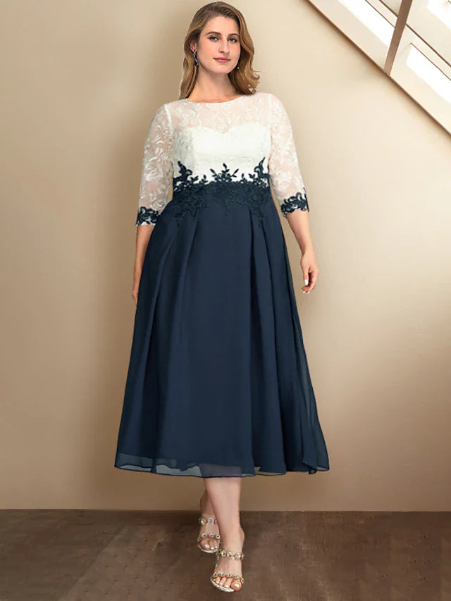 Wholesale A-Line Plus Size Curve Mother of the Bride Dresses Color Block Dress Formal Tea Length Half Sleeve Jewel Neck Chiffon with Appliques Splicing