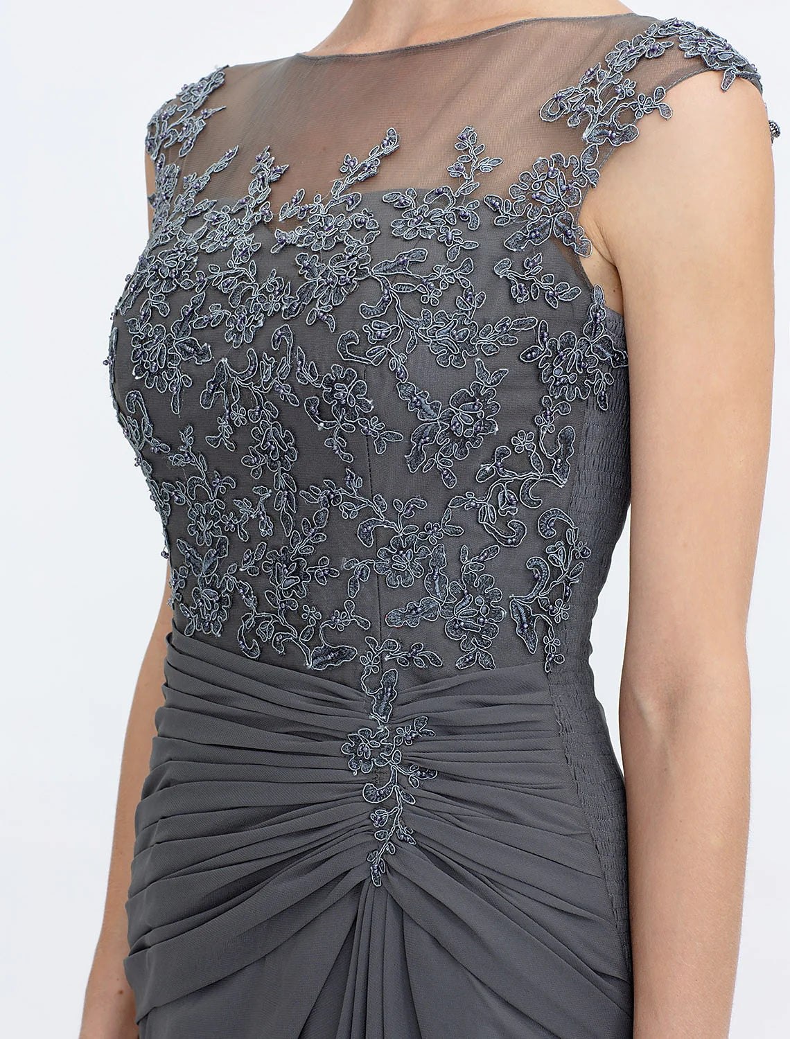 Wholesale A-Line Mother of the Bride Dress Wedding Guest Elegant See Through Bateau Neck Floor Length Chiffon Lace Sleeveless with Side Draping Fall