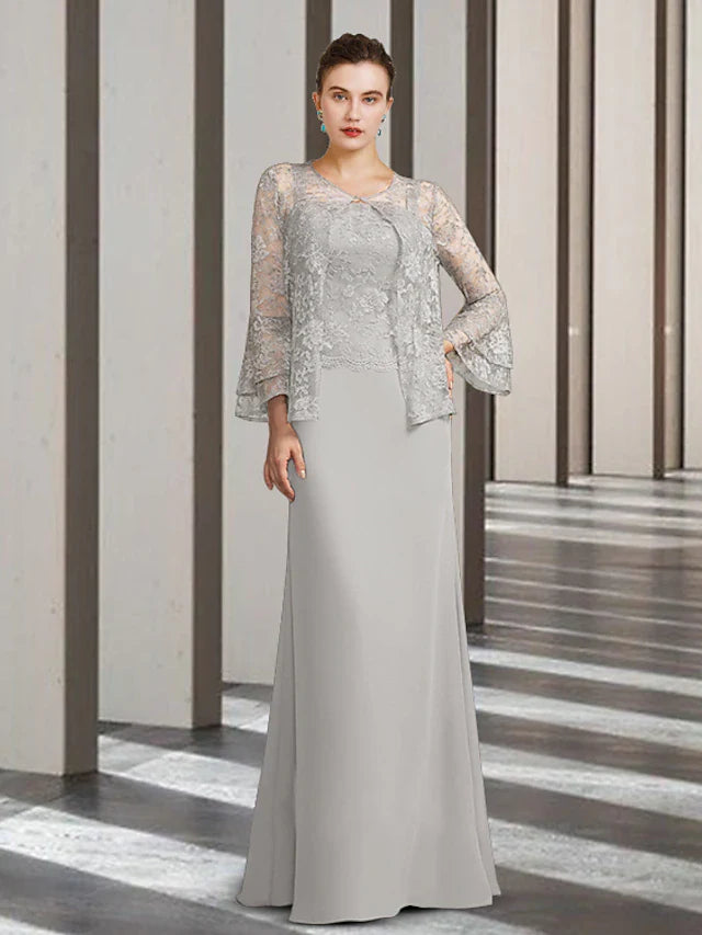 Wholesale Two Piece Sheath / Column Mother of the Bride Dress Elegant Scoop Neck Floor Length Chiffon Lace Sleeveless with Appliques