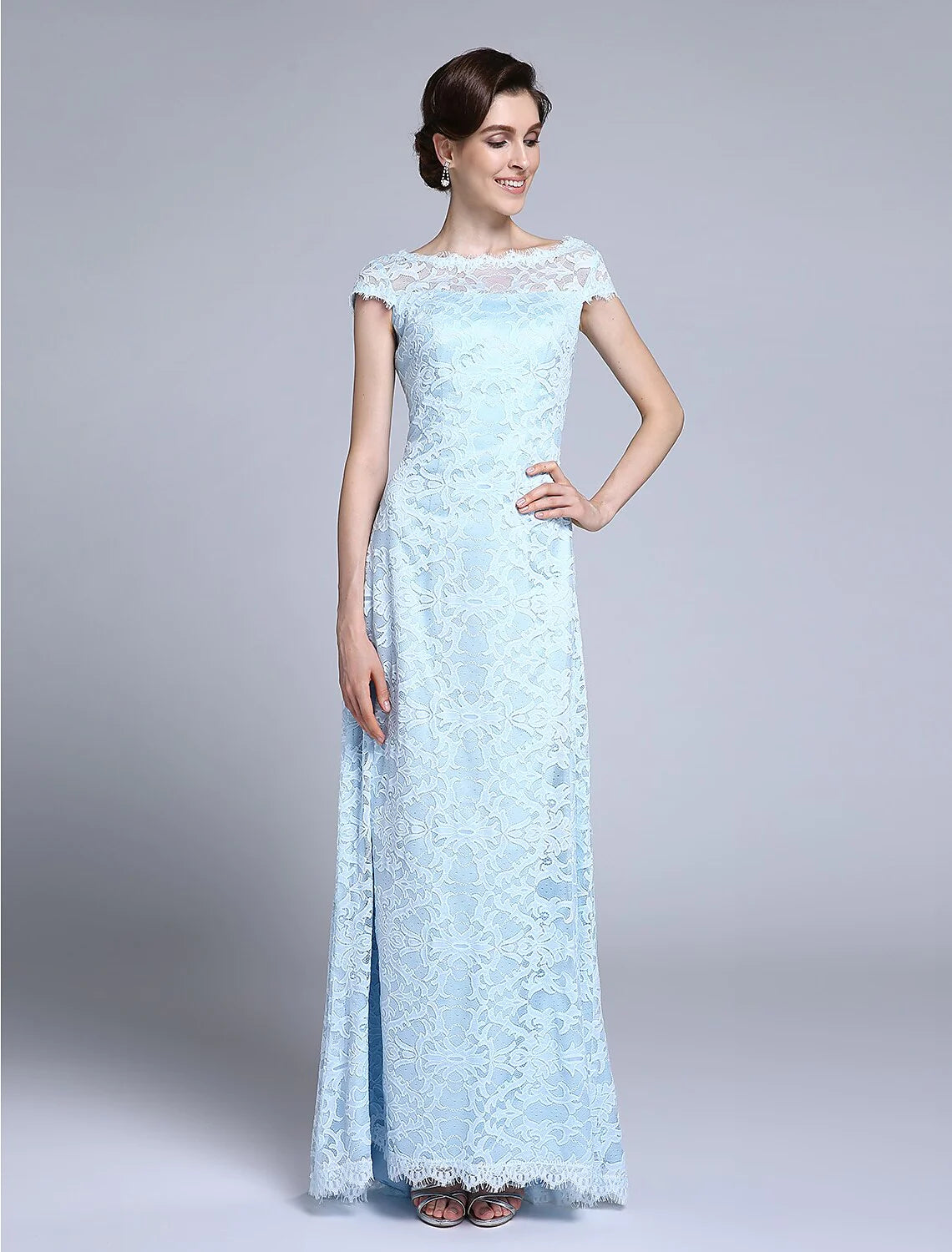 Wholesale Sheath / Column Mother of the Bride Dress Open Back Bateau Neck Floor Length Lace Short Sleeve No with Lace