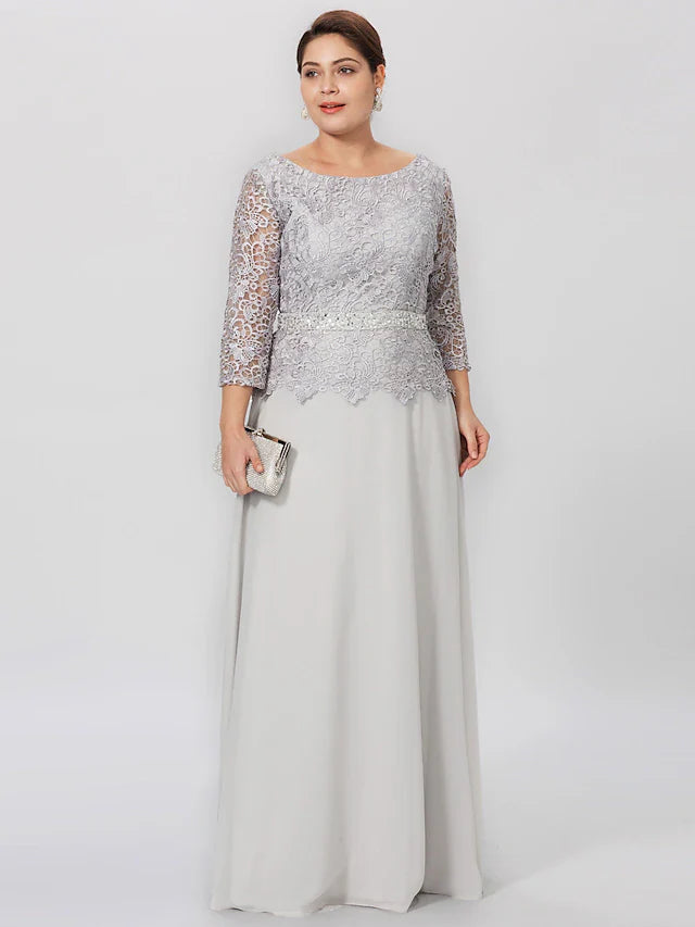 Wholesale Sheath / Column Mother of the Bride Dress Formal Plus Size Elegant Jewel Neck Floor Length Chiffon Corded Lace 3/4 Length Sleeve No with Lace