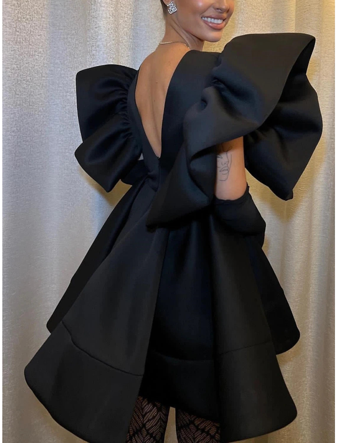 Wholesale A-Line Homecoming Dresses Vintage Dress Homecoming Short / Mini Black Dress Short Sleeve V Neck Satin with Bow(s) Pleats Ruched