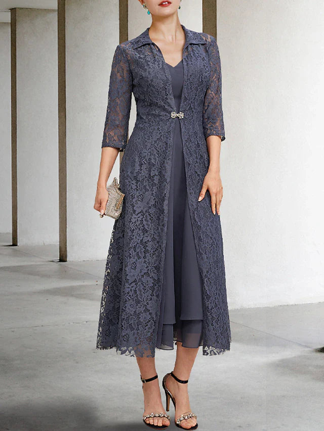 Wholesale A-Line Mother of the Bride Dress Elegant V Neck Tea Length Chiffon Lace Sleeveless Jacket Dresses with Tier Solid Color