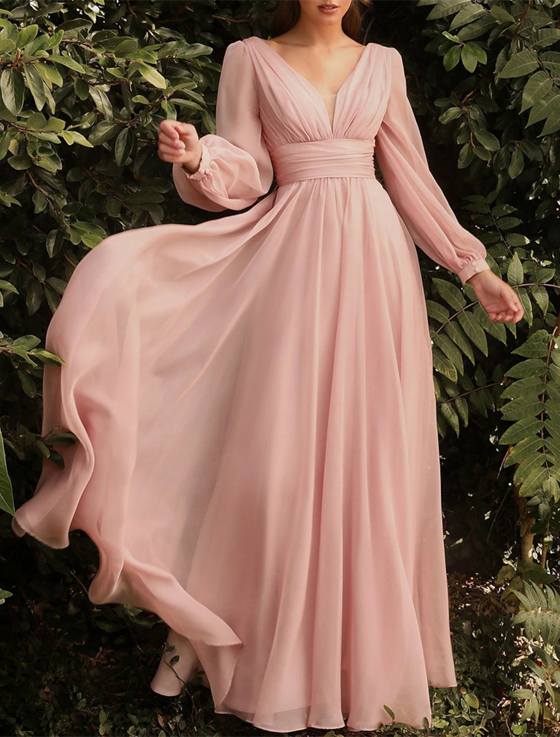 Wholesale A-Line Bridesmaid Dress V Neck Long Sleeve Blue Floor Length Chiffon with Ruching / Solid Color