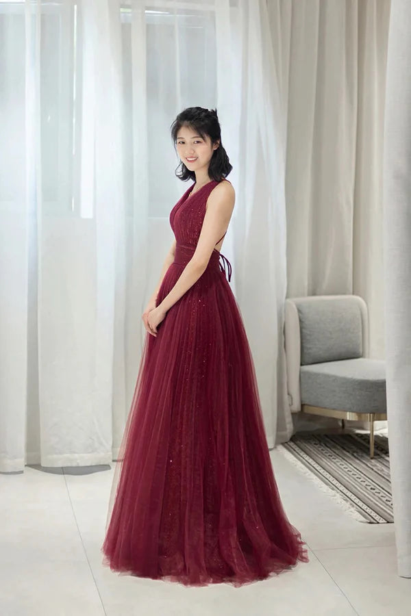 Wholesale Burgundy Tulle Long A-Line Prom Dress V-Neck Backless Evening Party Dress