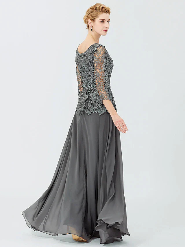 Wholesale Ball Gown A-Line Mother of the Bride Dress Formal Classic & Timeless Elegant & Luxurious Elegant Scoop Neck Floor Length Chiffon Corded Lace 3/4 Length Sleeve with Sashes / Ribbons Beading