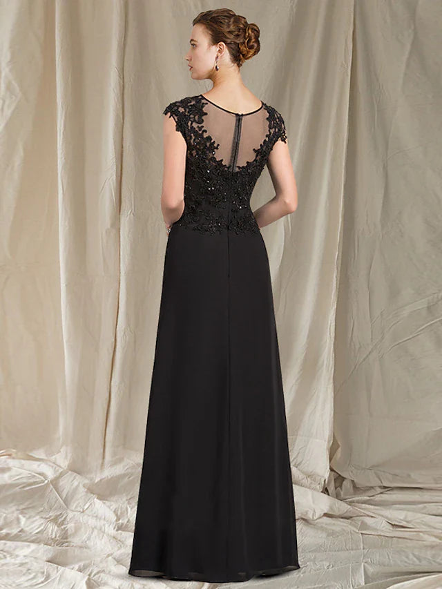 Wholesale Sheath / Column Mother of the Bride Dress Elegant Jewel Neck Floor Length Chiffon Lace Short Sleeve with Appliques Split Front