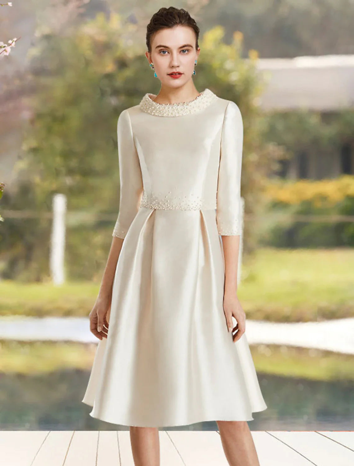 Wholesale A-Line Mother of the Bride Dress Wedding Guest Elegant Jewel Neck Knee Length Satin Half Sleeve with Beading