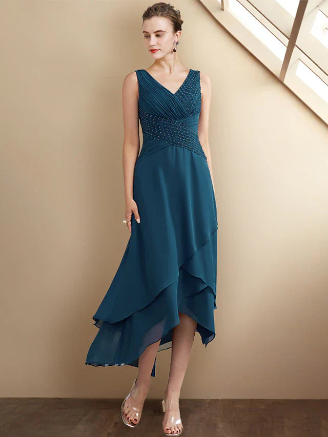 Wholesale A-Line Mother of the Bride Dress Elegant High Low V Neck Asymmetrical Tea Length Chiffon Sleeveless Wrap Included with Beading Cascading Ruffles Side-Draped