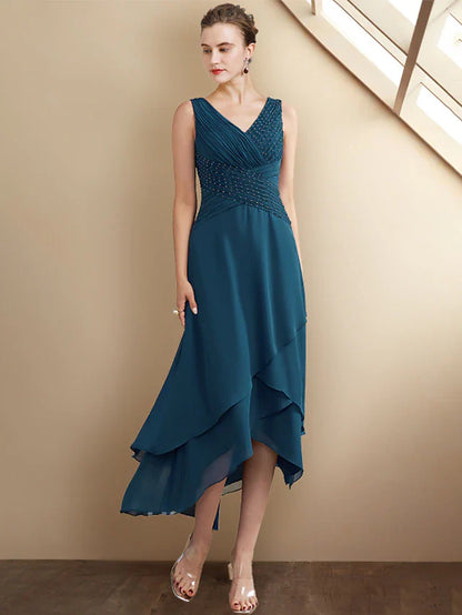 Wholesale A-Line Mother of the Bride Dress Elegant High Low V Neck Asymmetrical Tea Length Chiffon Sleeveless Wrap Included with Beading Cascading Ruffles Side-Draped