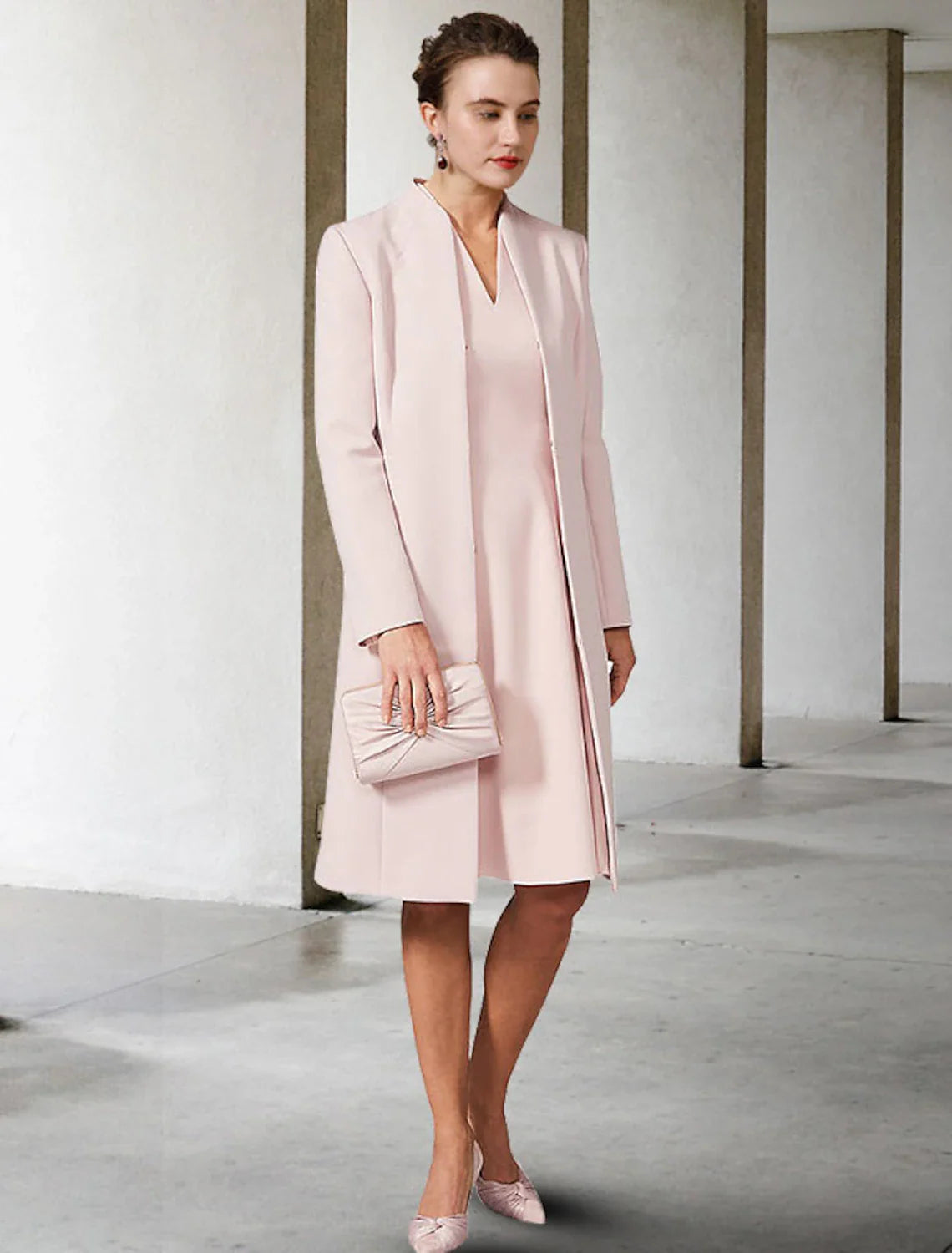 Wholesale Two Piece A-Line Mother of the Bride Dress Wedding Guest Church Elegant V Neck Knee Length Chiffon Short Sleeve Jacket Dresses with Solid Color Fall