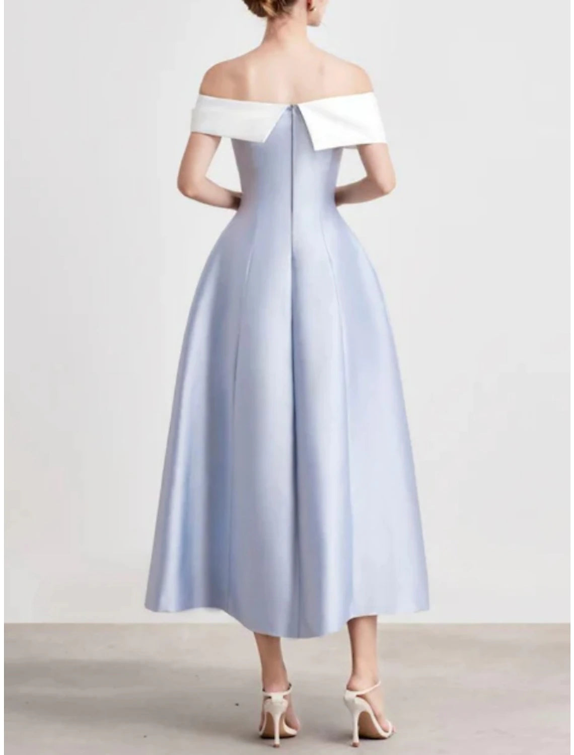 Wholesale A-Line Evening Gown Elegant Dress Formal Tea Length Short Sleeve Off Shoulder Satin with Pleats Shouder Flower