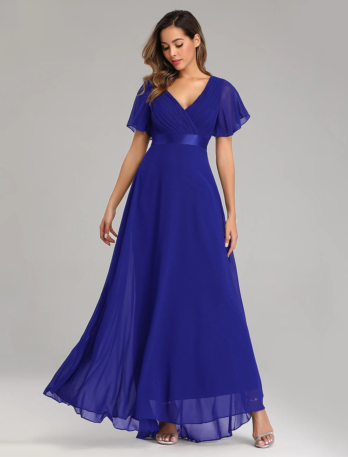 Wholesale  A-Line Prom Dresses Maxi Dress Fall Wedding Guest Dress For Bridesmaid Floor Length Short Sleeve V Neck Chiffon V Back with Ruched Ruffles