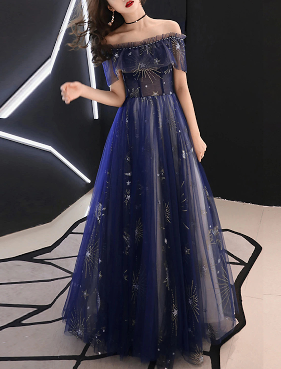 Wholesale A-Line Sparkle Prom Formal Evening Dress Off Shoulder Short Sleeve Floor Length Tulle with Beading Pattern / Print