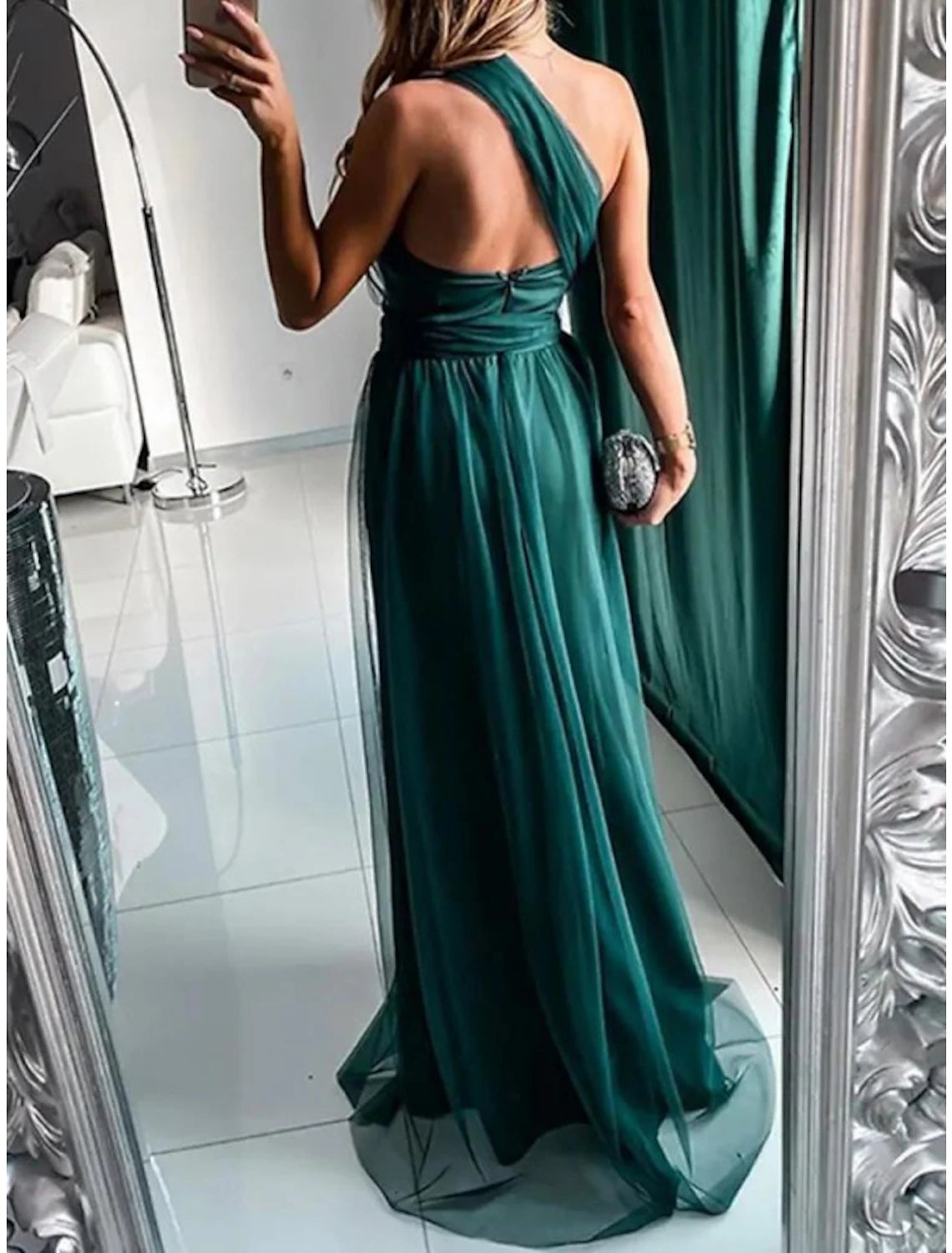 Wholesale Sheath / Column Bridesmaid Dress One Shoulder Sleeveless Elegant Sweep / Brush Train Tulle with Pleats / Split Front