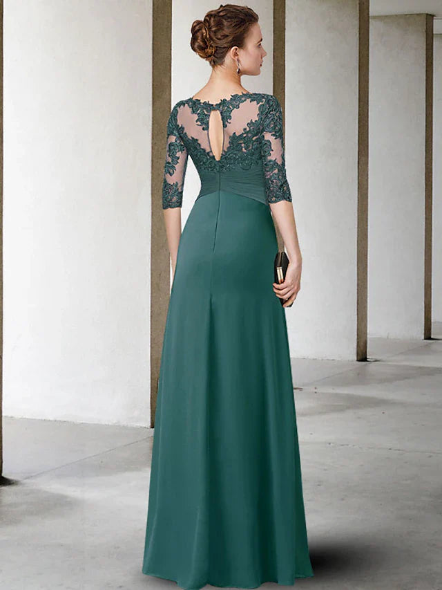 Wholesale Sheath / Column Mother of the Bride Dress Plus Size Elegant Jewel Neck Floor Length Chiffon Lace Half Sleeve with Ruched Appliques