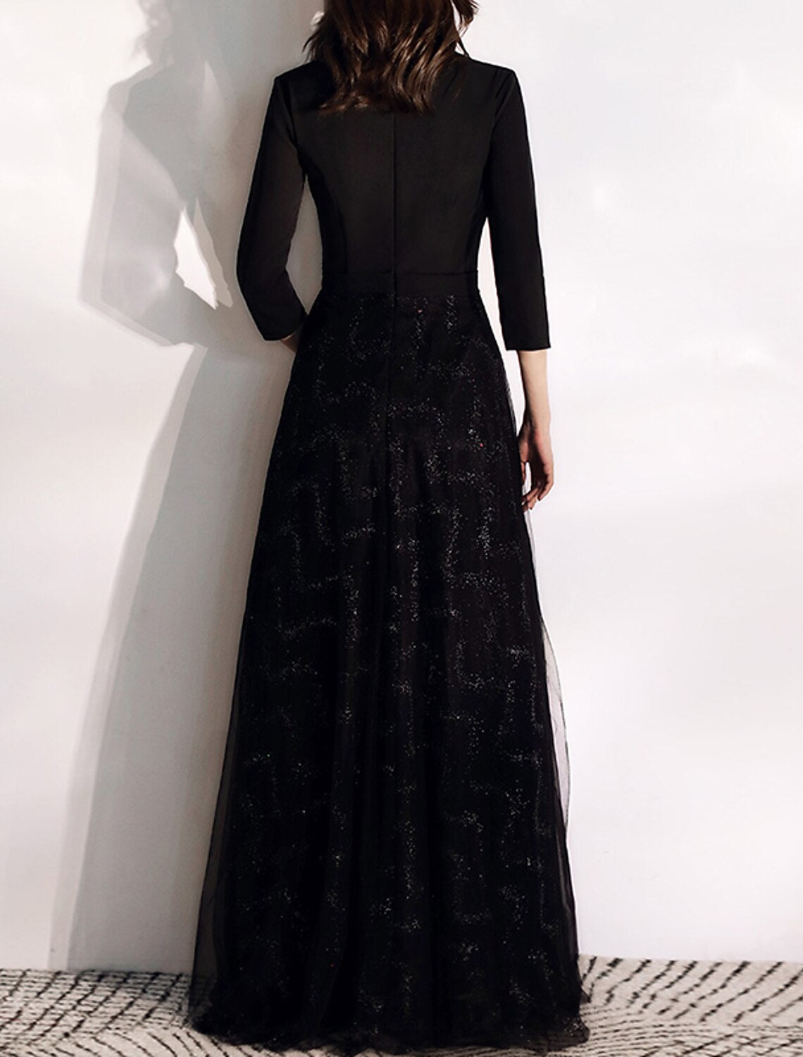 Wholesale A-Line Glittering Elegant Wedding Guest Formal Evening Dress V Neck 3/4 Length Sleeve Floor Length Tulle with Sash / Ribbon Sequin