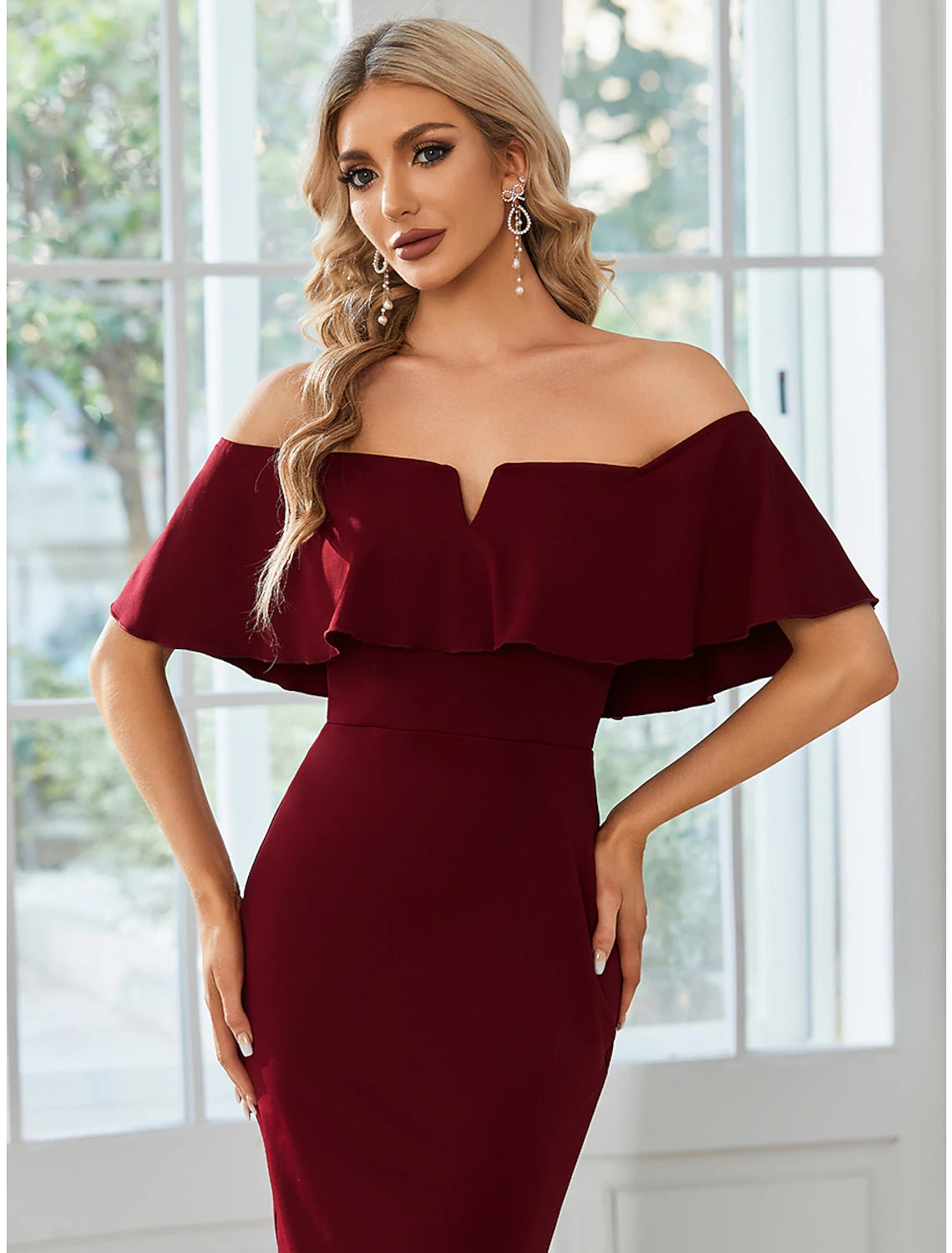 Wholesale Sheath / Column Wedding Guest Dresses Minimalist Dress Party Wear Wedding Party Tea Length Short Sleeve Off Shoulder Bridesmaid Dress Stretch Fabric