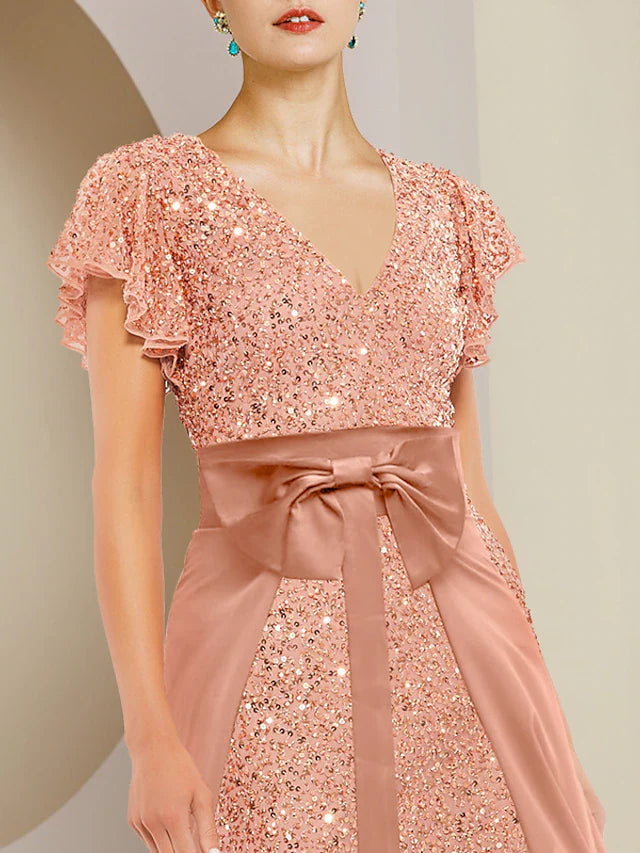 Wholesale Two Piece A-Line Mother of the Bride Dress Formal Wedding Guest Sparkle & Shine Elegant V Neck Tea Length Lace Sequined Short Sleeve with Bow(s) Beading Sequin