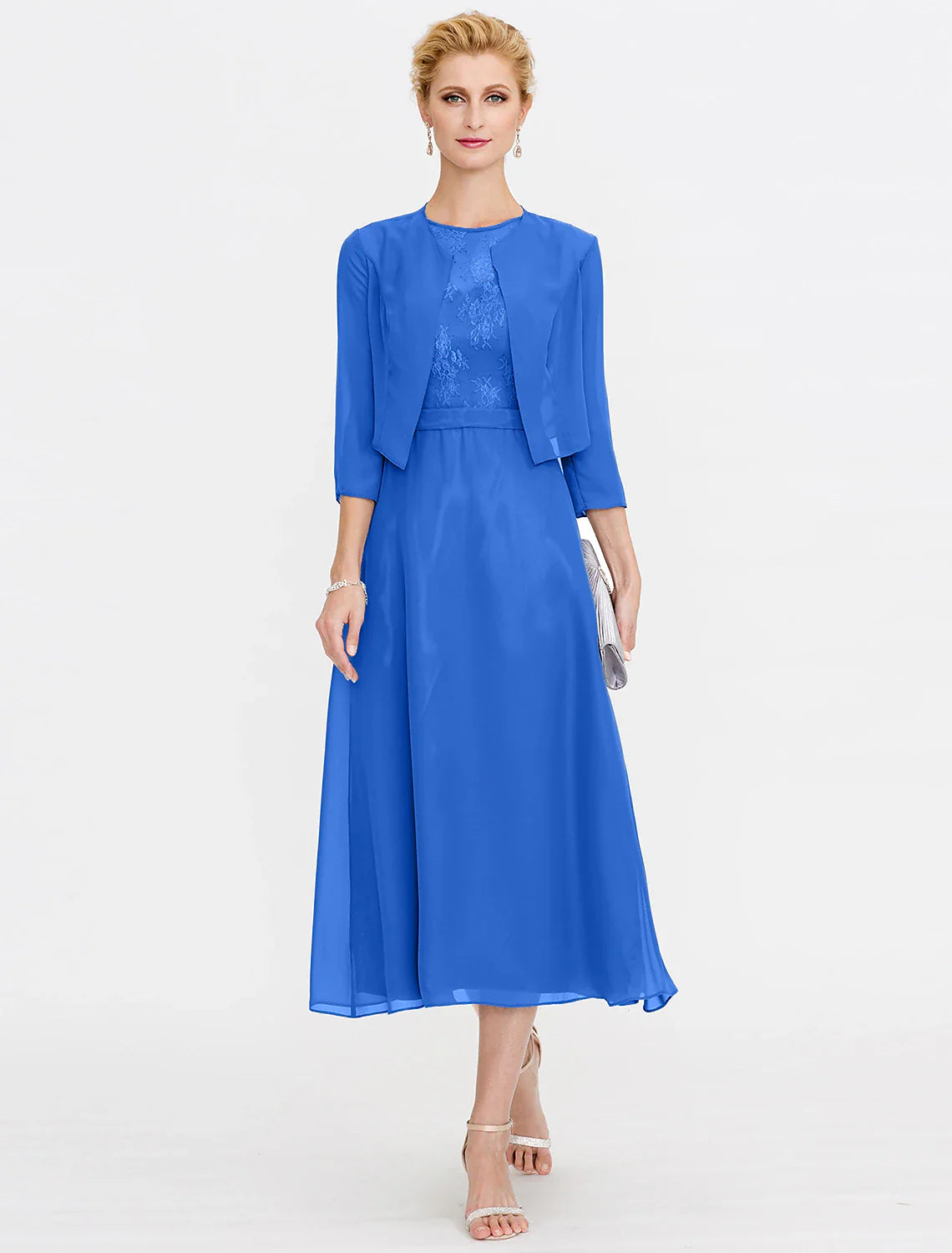 Wholesale A-Line Mother of the Bride Dress Fall Wedding Guest Dresses Plus Size Elegant Illusion Neck Tea Length Chiffon Corded Lace Sleeveless Wrap Included with Lace Pleats