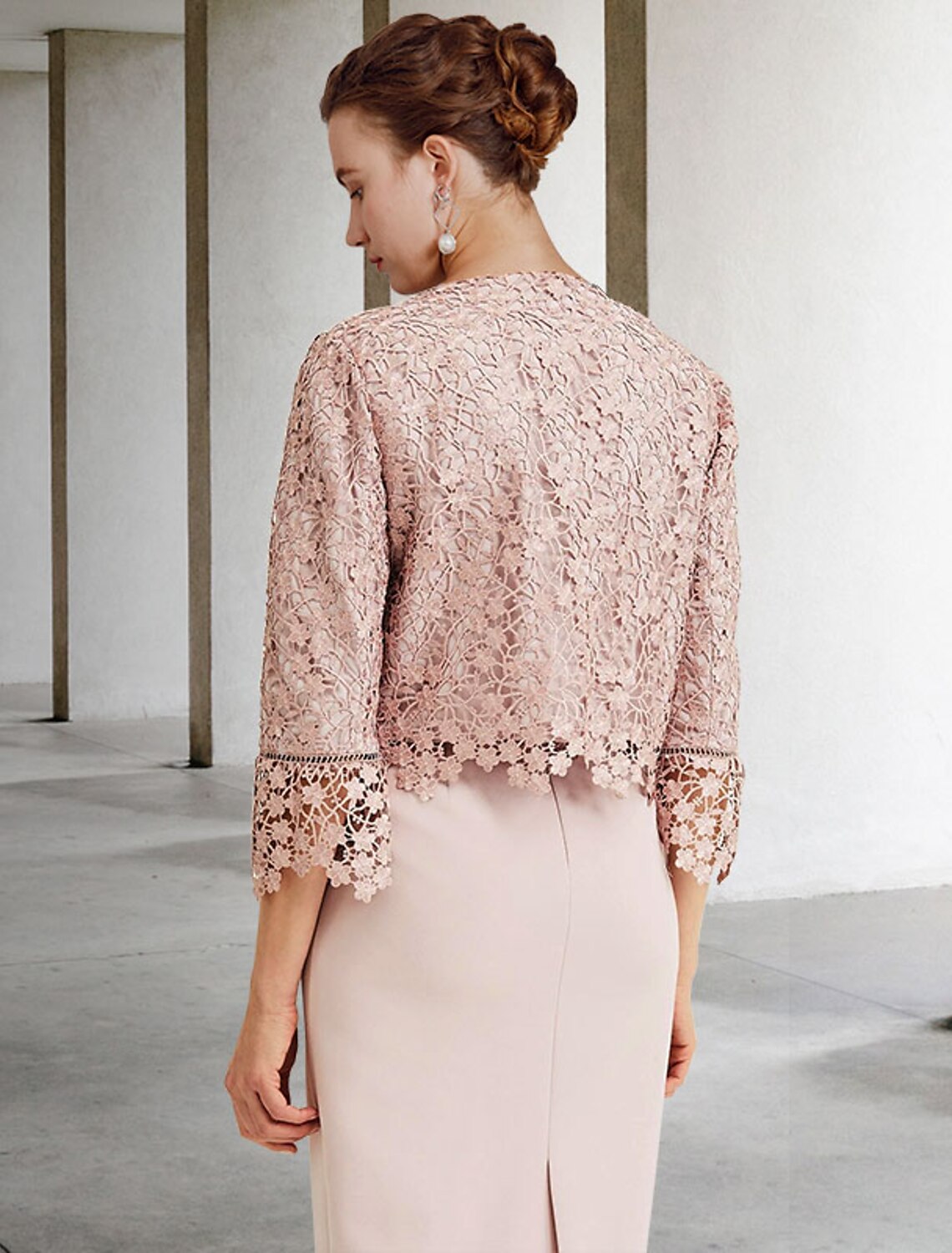 Wholesale  Two Piece Sheath / Column Mother of the Bride Dress Church Elegant Jewel Neck Knee Length Chiffon Lace Short Sleeve Short Jacket Dresses with Ruffles Appliques