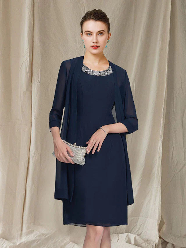 Wholesale Two Piece Sheath / Column Mother of the Bride Dress Elegant Jewel Neck Knee Length Chiffon Sleeveless Jacket Dresses with Beading Sequin