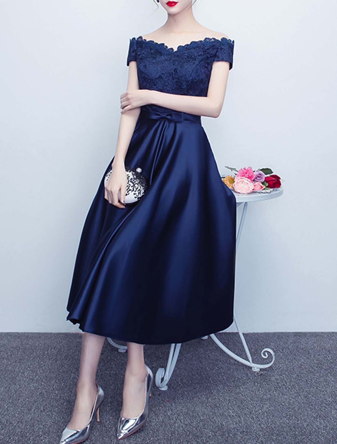 Wholesale A-Line Cocktail Dresses Minimalist Dress Party Wear Wedding Guest Tea Length Short Sleeve Off Shoulder Satin with Sash / Ribbon Bow(s) Pleats