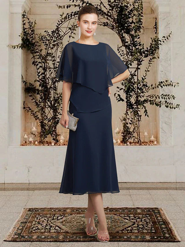 Wholesale A-Line Mother of the Bride Dress Plus Size Elegant Jewel Neck Tea Length Chiffon Sleeveless with Ruffles