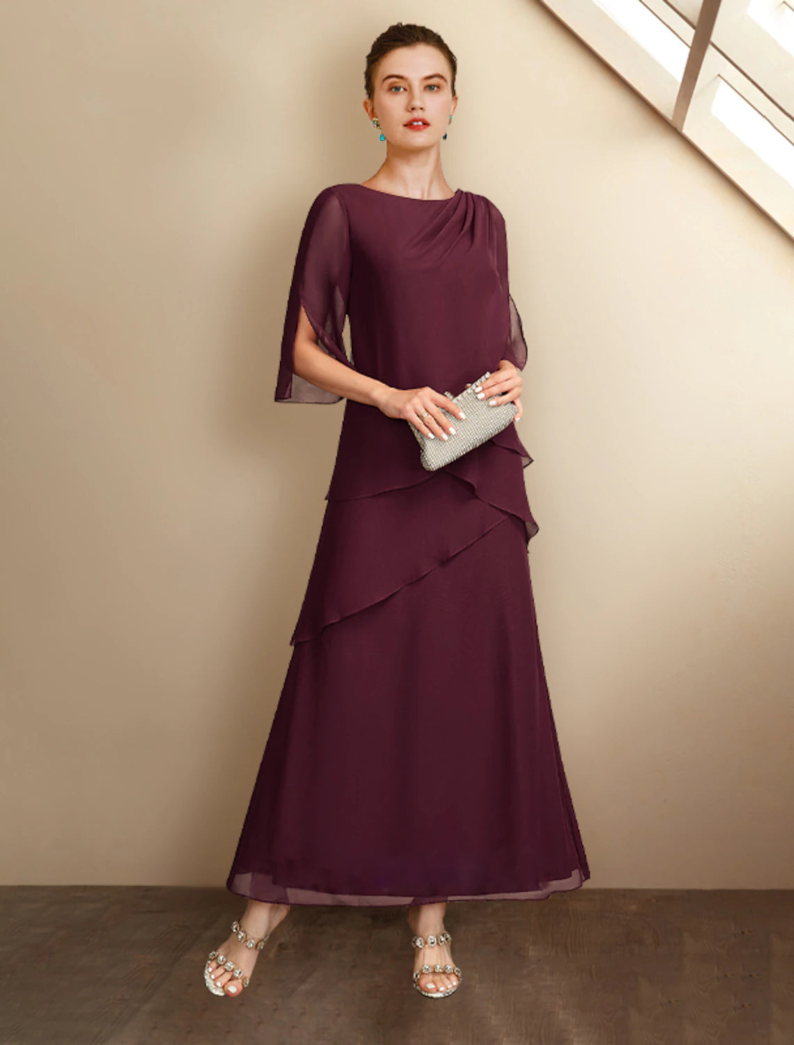 Wholesale  A-Line Mother of the Bride Dress Wedding Guest Plus Size Elegant Jewel Neck Ankle Length Chiffon Half Sleeve with Ruffles Side-Draped Fall