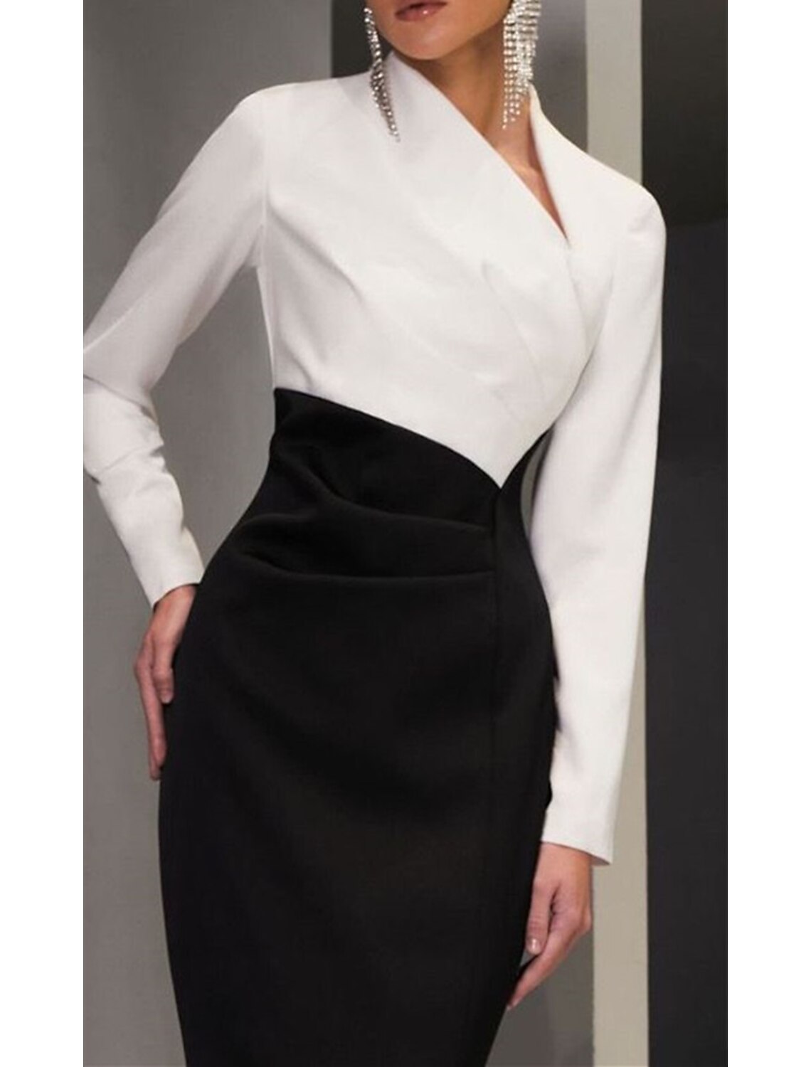 Wholesale Sheath Black Dress Evening Gown Elegant Dress Formal Wedding Guest Floor Length Long Sleeve V Neck Stretch Fabric with Slit