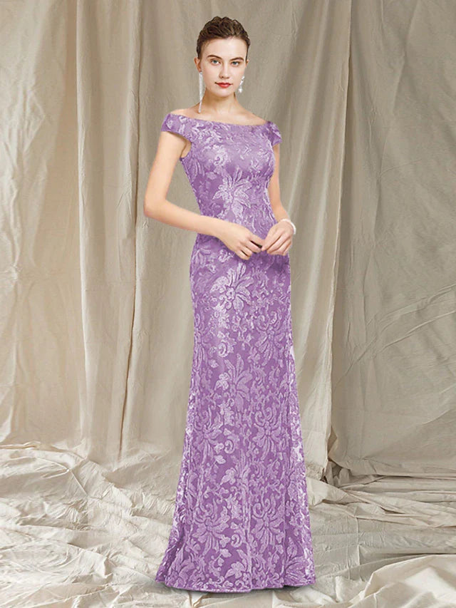 Wholesale Sheath / Column Mother of the Bride Dress Elegant Jewel Neck Floor Length Lace Cap Sleeve with Appliques