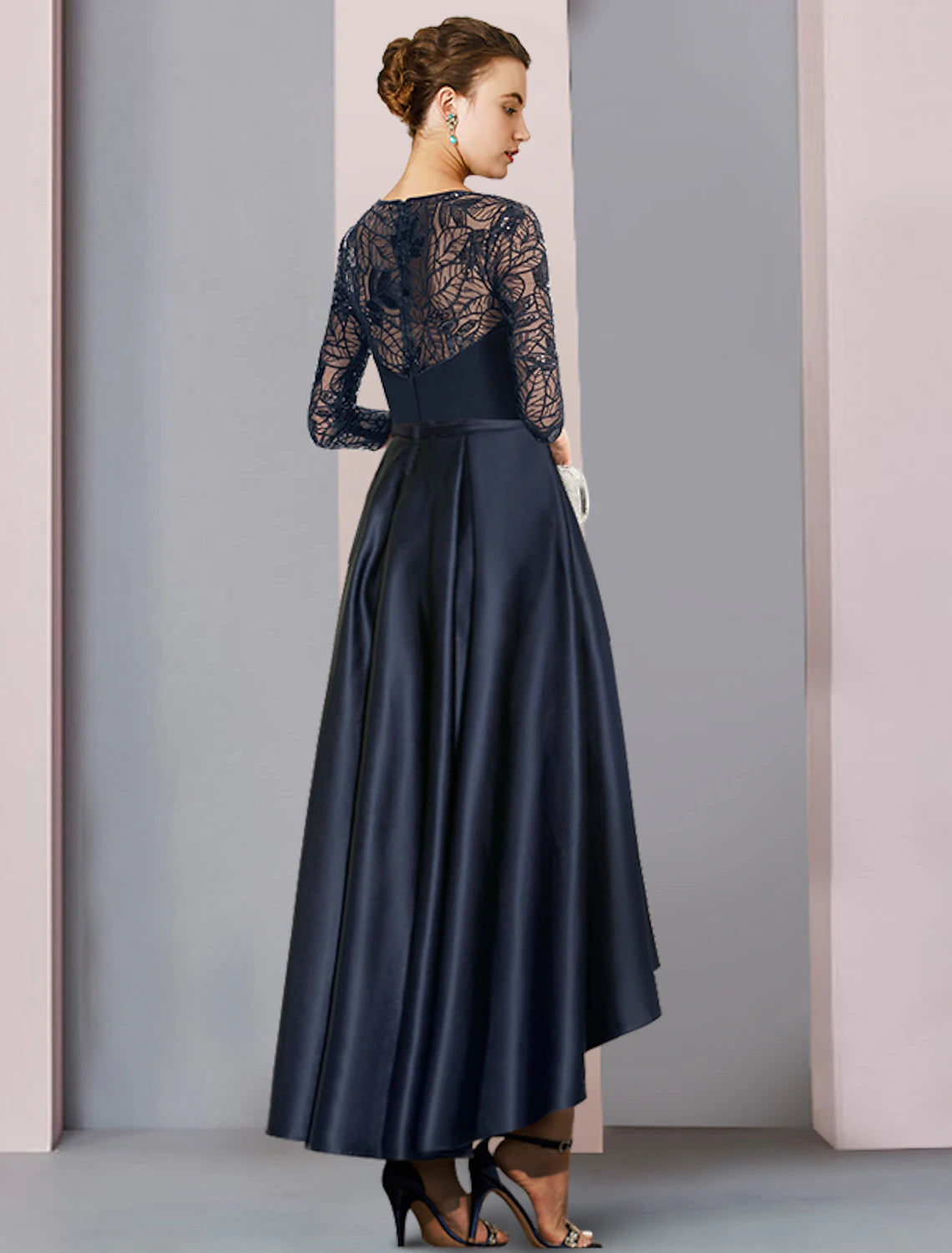 Wholesale  A-Line Mother of the Bride Dress Wedding Guest Vintage Party Jewel Neck Asymmetrical Satin Lace Sequined Half Sleeve with Pleats