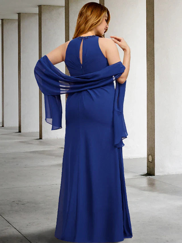 Wholesale Two Piece A-Line Plus Size Curve Mother of the Bride Dresses Elegant Dress Formal Floor Length Sleeveless Jewel Neck Chiffon with Pleats Crystals