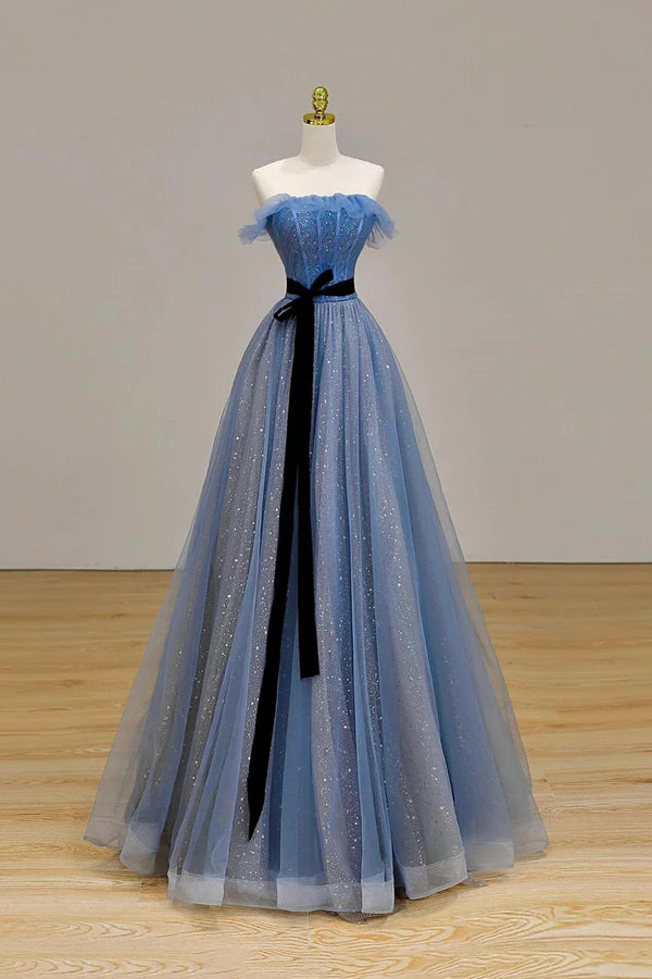 Wholesale Blue Tulle A-Line Strapless Long Prom Dress Beautiful Evening Party Dress