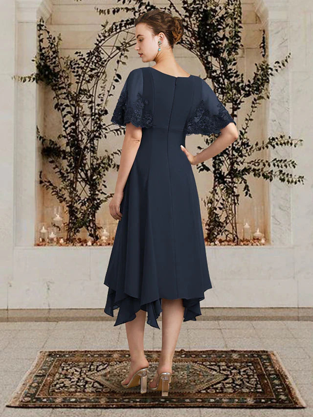 Wholesale A-Line Mother of the Bride Dress Plus Size Elegant High Low V Neck Asymmetrical Tea Length Chiffon Lace Sleeveless with Appliques