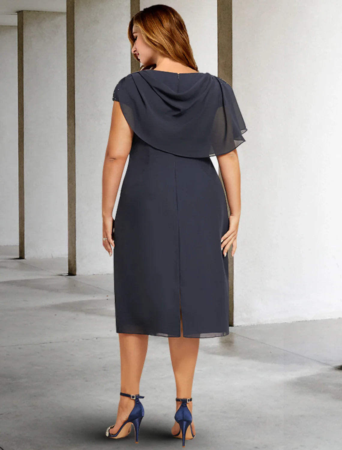 Wholesale A-Line Mother of the Bride Dresses Plus Size Hide Belly Curve Plus Size Hide Belly Dress Formal Tea Length Short Sleeve Jewel Neck Chiffon with Ruched Pearls Ruffles