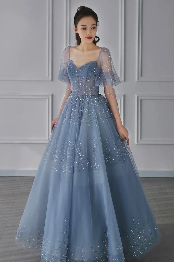 Wholesale Blue Tulle Beaded Long Sleeve Prom Dress A-Line Blue Evening Party Dress