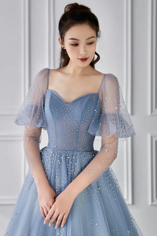Wholesale Blue Tulle Beaded Long Sleeve Prom Dress A-Line Blue Evening Party Dress