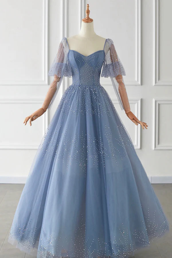 Wholesale Blue Tulle Beaded Long Sleeve Prom Dress A-Line Blue Evening Party Dress